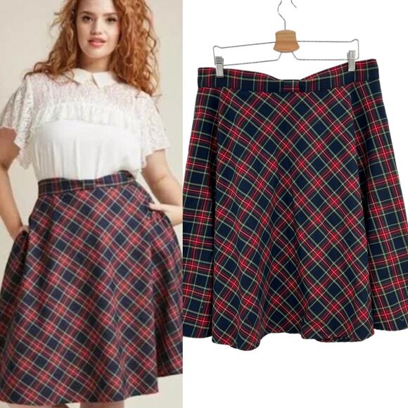 ModCloth Swingy Full Skirt Plaid Check Print Bow Waist Blue Red Plus Size 1X - Picture 1 of 10